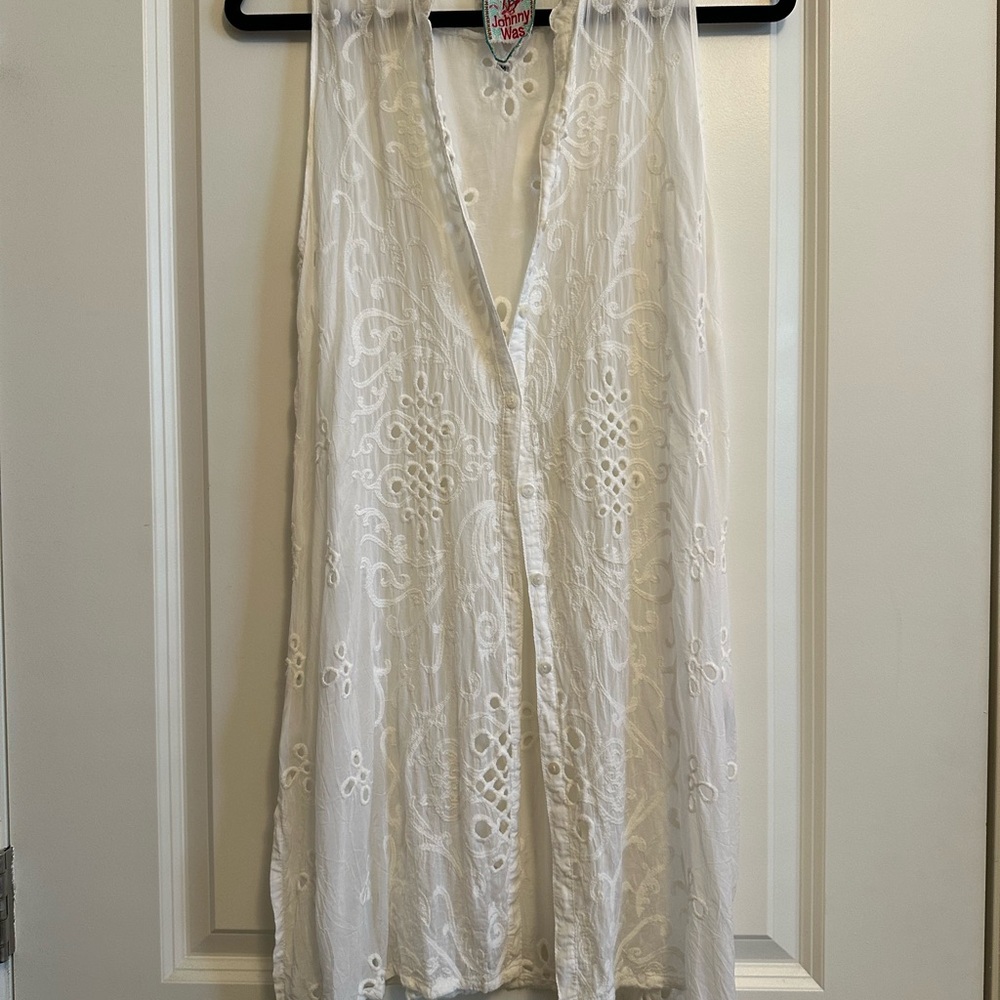 Johnny Was White Sleeveless Embroidered Tunic Top Button Down Medium